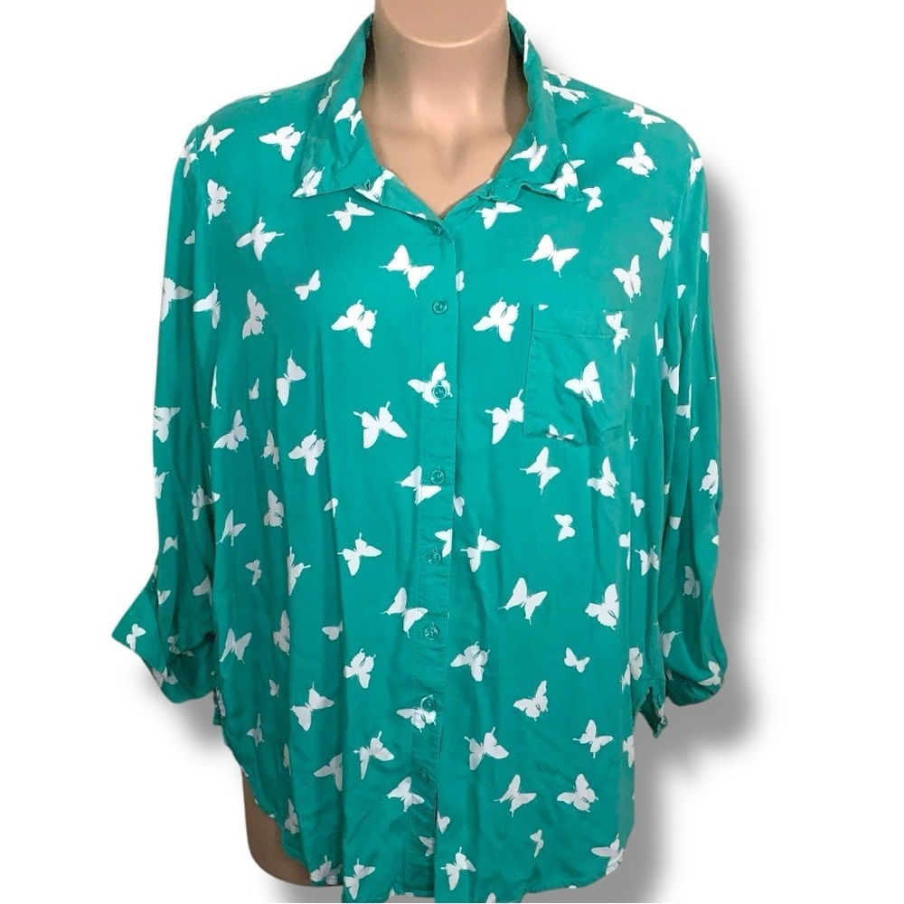 3x Faded Glory Mint Green Butterfly Print Top Roll Tab Sleeve White Print